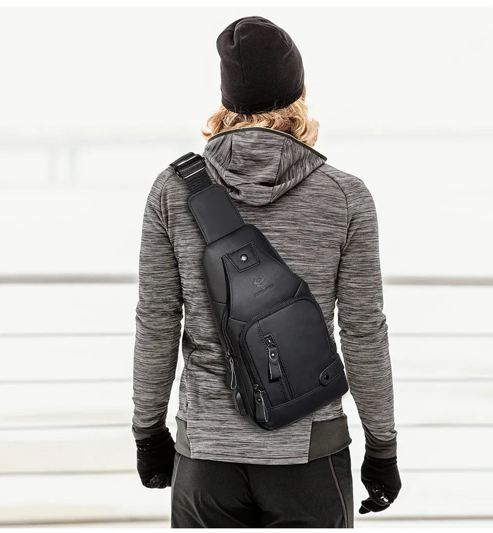 HUMERPAUL Men's Usb Chest Bag 100% Genuine Leather Crossbody Shoulder Bags Multifunction Travel Outdoor Messenger Pack Fashion - Zen Fit Plus