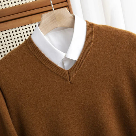 Men 100% Merino Wool Sweater V-Neck Pullover Autumn Winter Cashmere Warm Solid Knitwear Clothes Business Bottoming Soft Tops Zen Fit Plus