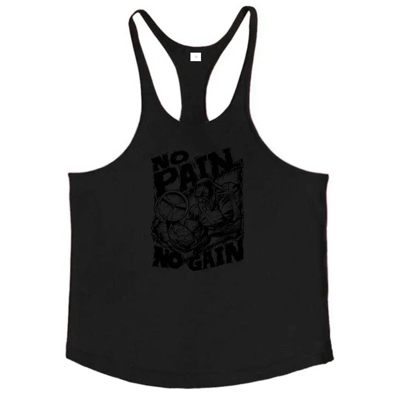 NO PAIN NO GAIN Print Gym Fitness T-Shirt Mens Bodybuilding Sport Sleeveless Vests Cotton Breathable Y-back Suspenders Tank Tops - Zen Fit Plus