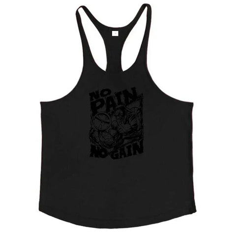 NO PAIN NO GAIN Print Gym Fitness T-Shirt Mens Bodybuilding Sport Sleeveless Vests Cotton Breathable Y-back Suspenders Tank Tops - Zen Fit Plus