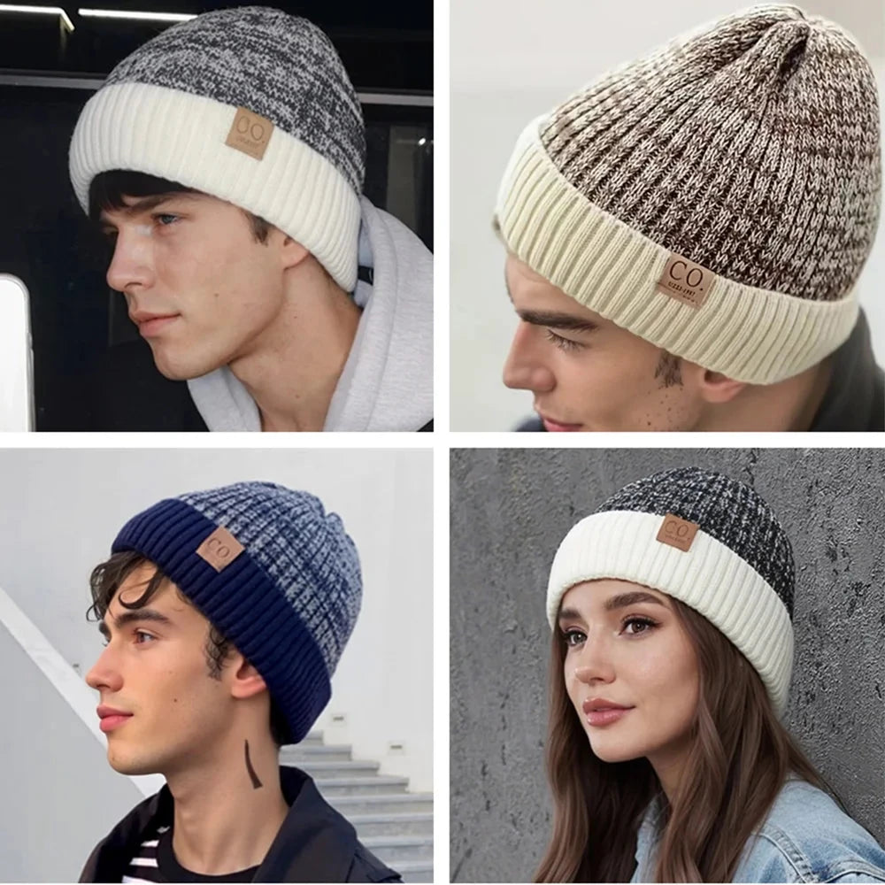 New Unisex Two-Tone Winter Hats Add Fur Lined Men And Women Fashion Warm Beanie Cap Casual Winter Knitted Hats Zen Fit Plus