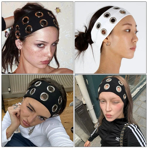 AWAYTR Punk Girl Fabric Hollow Elastic Headbands Metal Rock Personalized Hollow Eyelets Hair Band Casual Sports Grommet Headband Zen Fit Plus