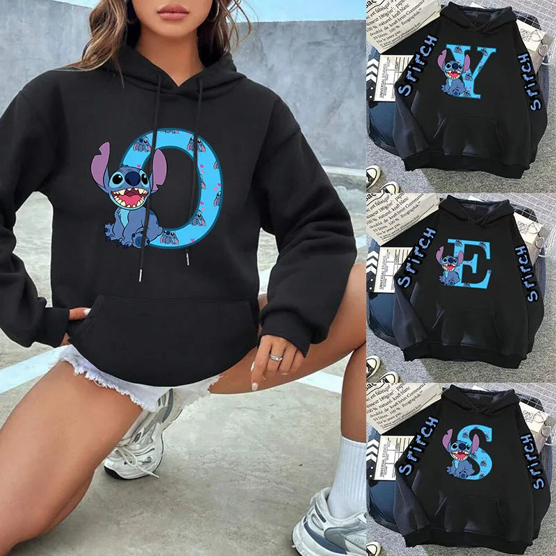 2024 Women's Winter Jacket Cute Kawaii Disney Lilo & Stitch Lucky Letter Print Black Hoodie Fashion Couple Streetwear Sportswear Zen fit plus