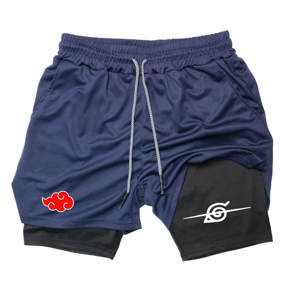 Men Anime Double Layer Shorts Gym Workout Printed Sports Multi-Performance Training Quick-Drying Jogging Pants Towel Pants M-3XL Zen fit plus