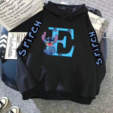 2024 Women's Winter Jacket Cute Kawaii Disney Lilo & Stitch Lucky Letter Print Black Hoodie Fashion Couple Streetwear Sportswear Zen fit plus