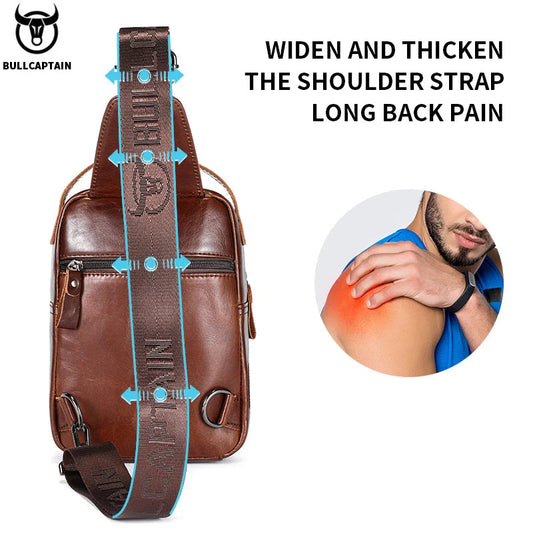 BULLCAPTAIN Men's Genuine Leather Chest Bag Casual Retro 7.9-inch Mobile Phone Bag Multifunctional Anti-Theft Crossbody Bag Zen fit plus