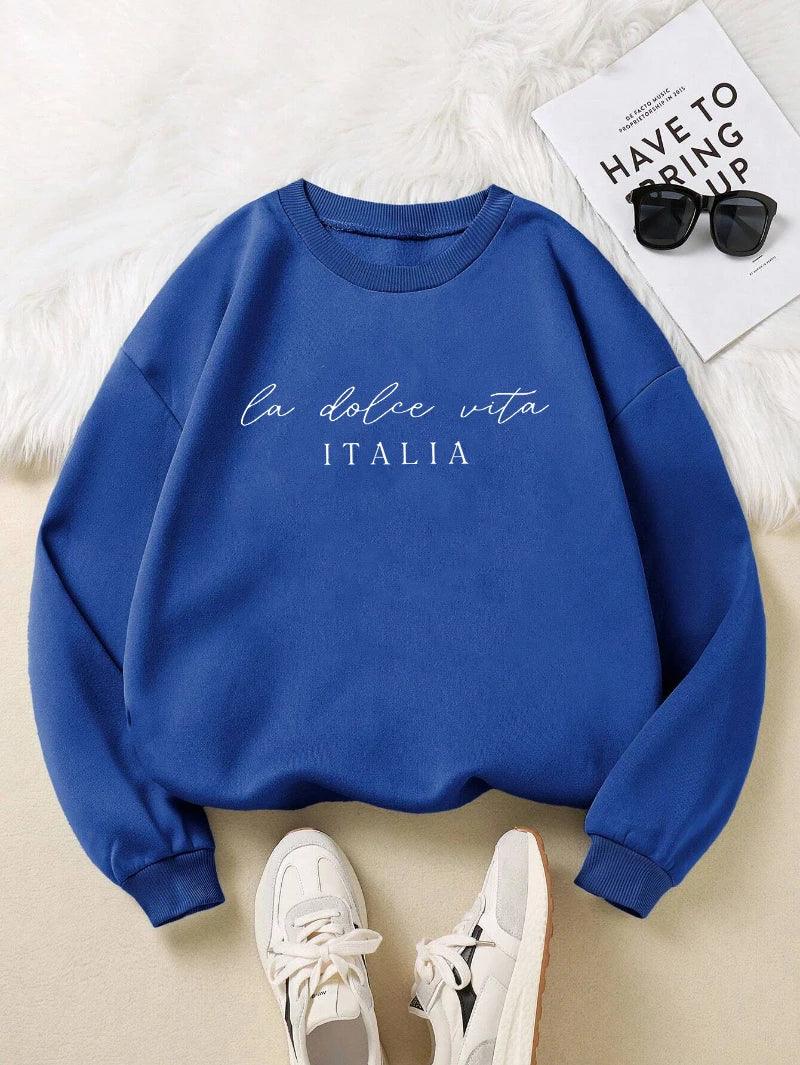 La Dolce Vita Italia Printed Womens Sweatshirt Crewneck Y2K Loose Clothing Multicolor Casual Pullover Fleece All-Match Top - Zen Fit Plus