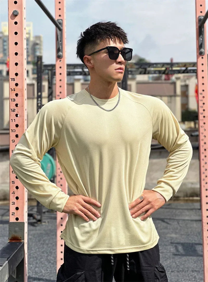 High quality Autumn men long sleeved T-shirt Fashion sport Round Collar fitness running mesh Breathability Training T-shirt men - Zen Fit Plus