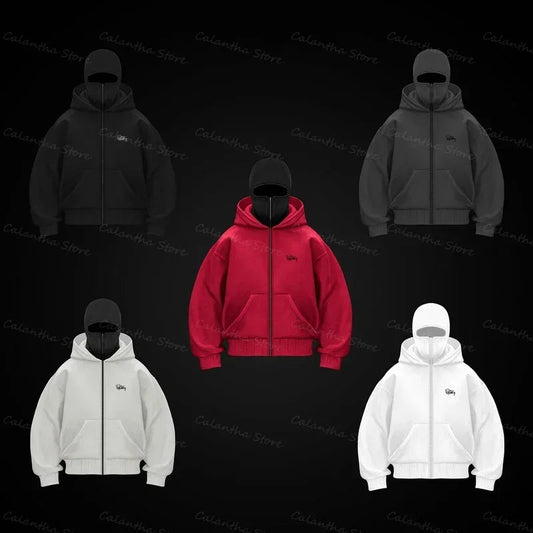 Men's Winter Hoodie with Balaclava Face Mask Zipper Design Sports Jacket for Outdoor Activities Hiking Travel Running Sweatshirt Zen fit plus