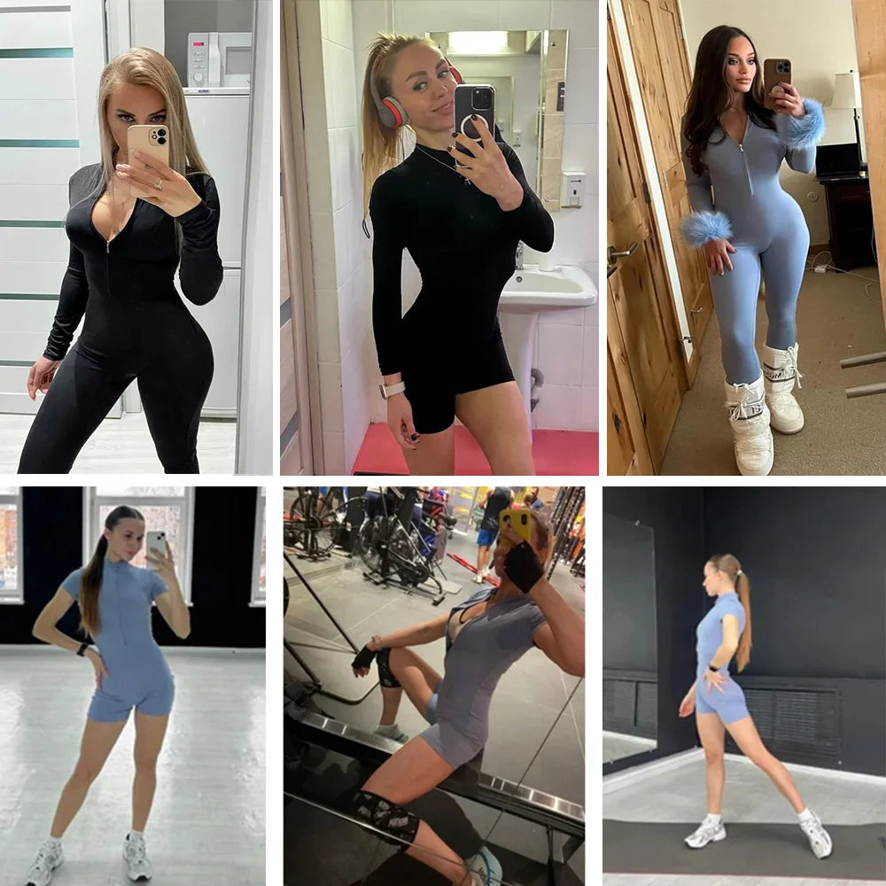 Summer Zipper Workout Jumpsuit Sports Overalls Women Gym Clothing Running Fitness Suits Gym Tracksuit Short Sportswear Yoga Set Zen fit plus