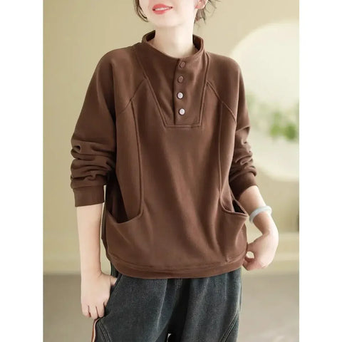 Warm Thermal Sweatshirt Women's Loose Cover-up Design Button Half High Collar Velvet Polyester Full Sleeve Casual Top - Zen Fit Plus