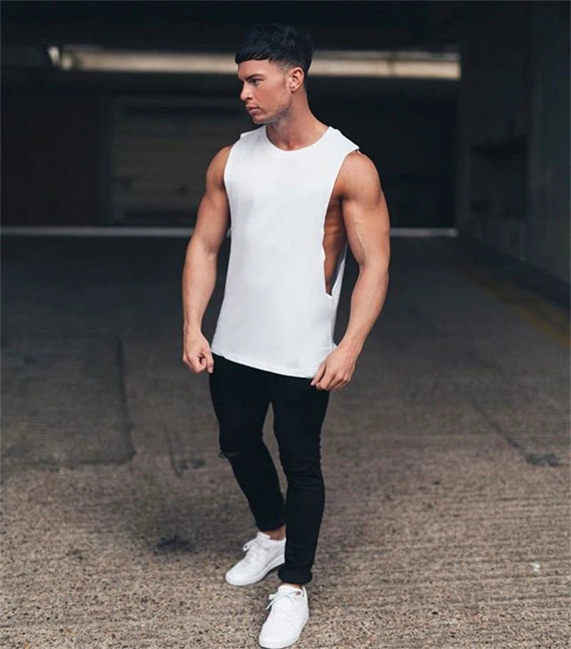 Mens Casual Gym Tank Top Summer Fitness Clothing Cotton Workout Sports Sleeveless Shirt Male Extend Long Singlet Hip Hop Vest Zen fit plus