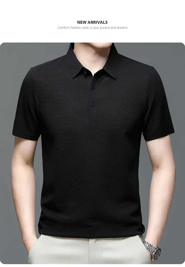 Summer New Men's Lop-up Hollow Short-sleeved Polo Tee Shirt Ice Silk Breathable Business Fashion T-Shirt Male Brand Clothes - Zen Fit Plus