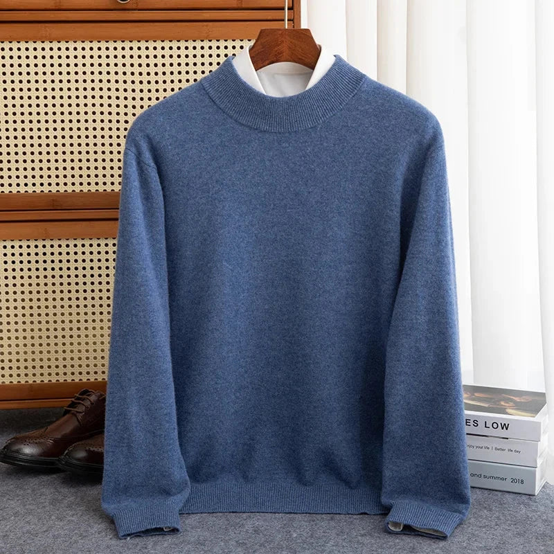 New Fashion Men's 100% Wool Pullover Half-high Collar Sweater Autumn Winter Warm Solid Color Knit Sweater Business Casual Top Zen Fit Plus