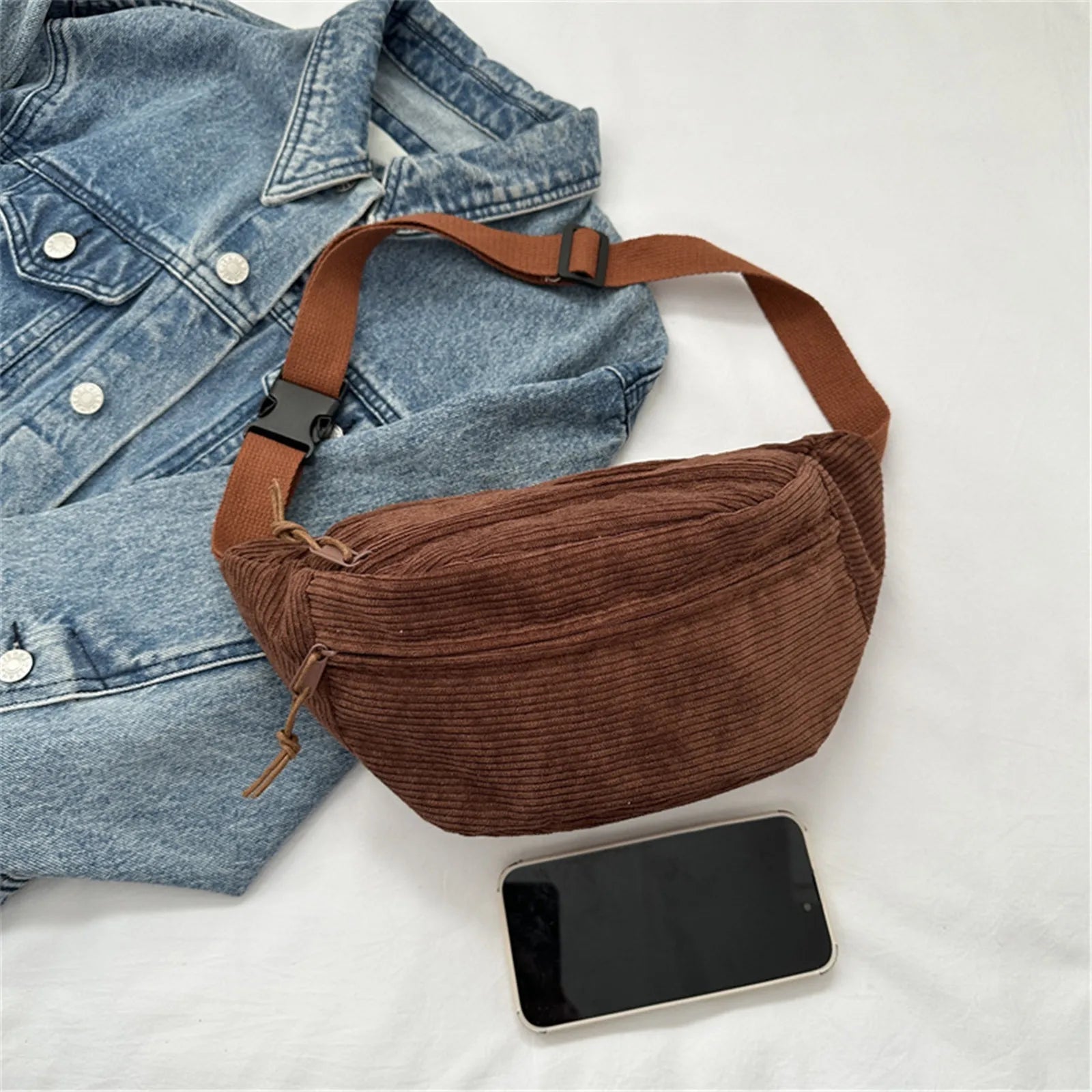 Corduroy Women Waist Packs with Zipper Ladies Shoulder Crossbody Bag Fashion Casual Travel Fanny Pack Female Adjustable Bag Zen fit plus