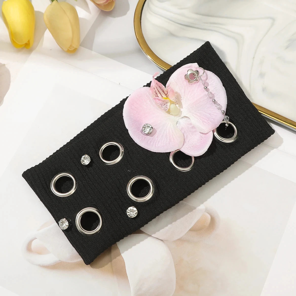 AWAYTR Punk Girl Fabric Hollow Elastic Headbands Metal Rock Personalized Hollow Eyelets Hair Band Casual Sports Grommet Headband Zen Fit Plus