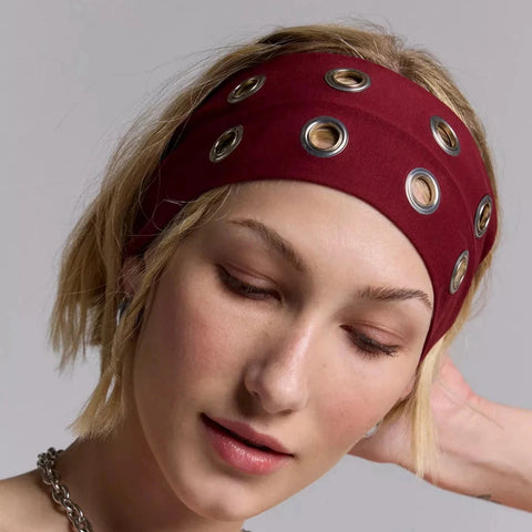 AWAYTR Punk Girl Fabric Hollow Elastic Headbands Metal Rock Personalized Hollow Eyelets Hair Band Casual Sports Grommet Headband Zen Fit Plus
