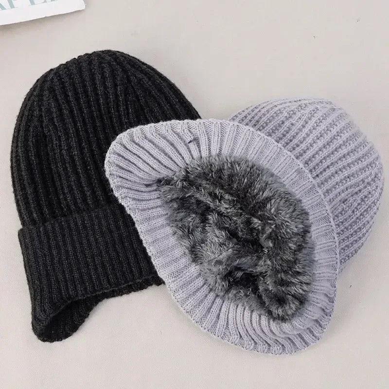 Outdoor Men Winter Knitted Hat Plush Warmth Peaked Cap Earmuff Casual Fashion Faux Fur Lined Bomber Hats Cycling Ear Protection - Zen Fit Plus