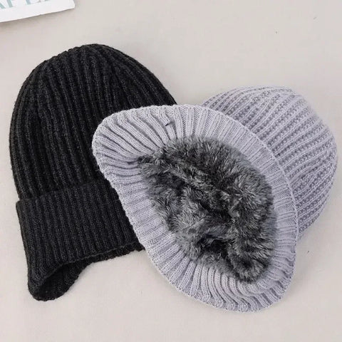 Outdoor Men Winter Knitted Hat Plush Warmth Peaked Cap Earmuff Casual Fashion Faux Fur Lined Bomber Hats Cycling Ear Protection - Zen Fit Plus