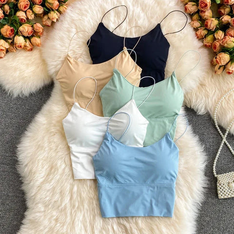 Women Crop Tops Sexy Solid Color Camisole Ice Silk Tube Top Seamless Sports Tank Top Wireless Underwear Padded Bra Bralette Vest Zen fit plus
