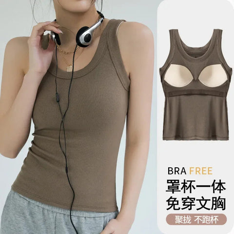 New Women Solid Round Neck Ribbed Tank Top Camisole Women Summer Basic Elastic TankTop One-piece Vest with Chest Pad Y2k Zen fit plus