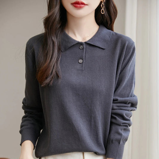 Women 100% Cotton Sweater Sweatshirts Polo Collar Pullover Casual Solid Color Knitwear Long Sleeve Spring Autumn Bottoming Clothing Tops Zen Fit Plus