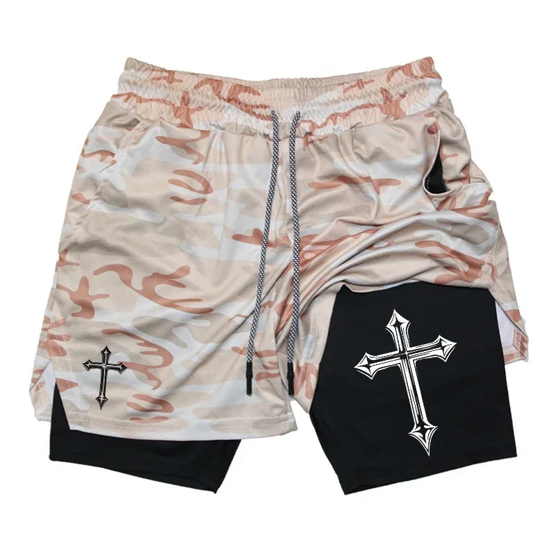 Cross Print 2 in 1 Workout Running Shorts for Men Christian Gym Athletic Shorts with Compression Liner Phone Pocket Towel Loop Zen fit plus