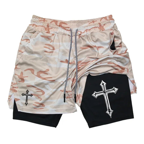 Cross Print 2 in 1 Workout Running Shorts for Men Christian Gym Athletic Shorts with Compression Liner Phone Pocket Towel Loop Zen fit plus