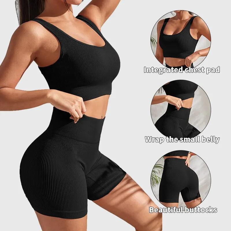 Seamless Ribbed Yoga Sets Workout Sets for Women 2 Pieces Gym Suits Ribbed Crop Tank High Waist Shorts Outfits Fitness Running Zen fit plus