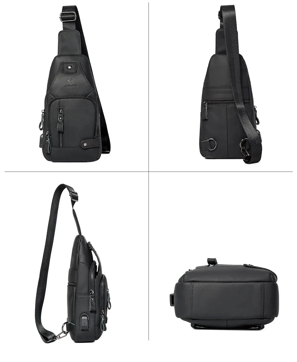 HUMERPAUL Men's Usb Chest Bag 100% Genuine Leather Crossbody Shoulder Bags Multifunction Travel Outdoor Messenger Pack Fashion - Zen Fit Plus