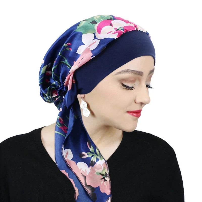 Printed Pre-tie Headscarf Women Elastic Muslim Female Turban Cancer Chemo Hat Hair Loss Cover Head Wrap Headwear Stretch Bandana Zen Fit Plus