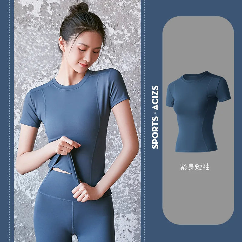 2024 Women's Sports Fitness Clothing Slim Running Sweat Absorbing Skinny Yoga Clothes Quick Drying Clothes Short Sleeved T-shirt Zen fit plus