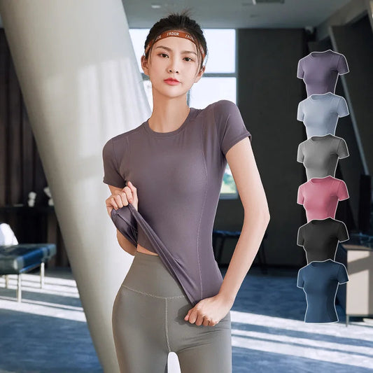 2024 Women's Sports Fitness Clothing Slim Running Sweat Absorbing Skinny Yoga Clothes Quick Drying Clothes Short Sleeved T-shirt Zen fit plus