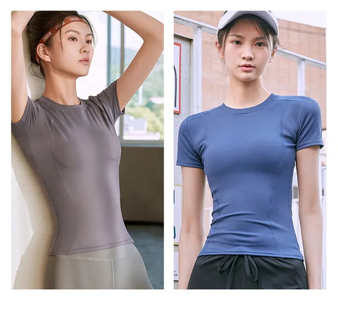 2024 Women's Sports Fitness Clothing Slim Running Sweat Absorbing Skinny Yoga Clothes Quick Drying Clothes Short Sleeved T-shirt - Zen Fit Plus