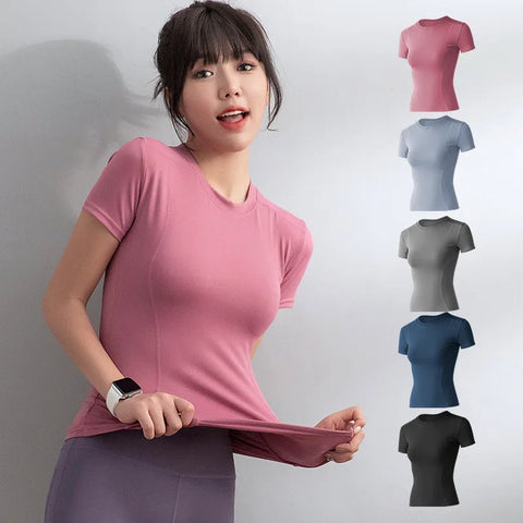 2024 Women's Sports Fitness Clothing Slim Running Sweat Absorbing Skinny Yoga Clothes Quick Drying Clothes Short Sleeved T-shirt Zen fit plus