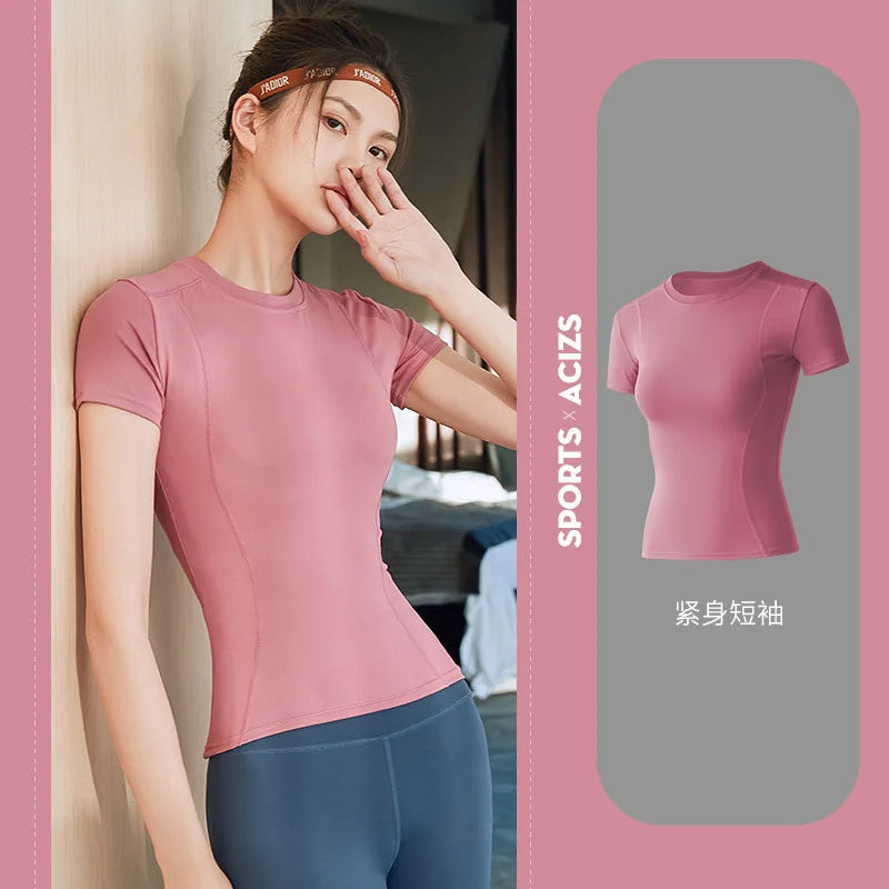 2024 Women's Sports Fitness Clothing Slim Running Sweat Absorbing Skinny Yoga Clothes Quick Drying Clothes Short Sleeved T-shirt Zen fit plus