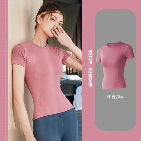 2024 Women's Sports Fitness Clothing Slim Running Sweat Absorbing Skinny Yoga Clothes Quick Drying Clothes Short Sleeved T-shirt Zen fit plus