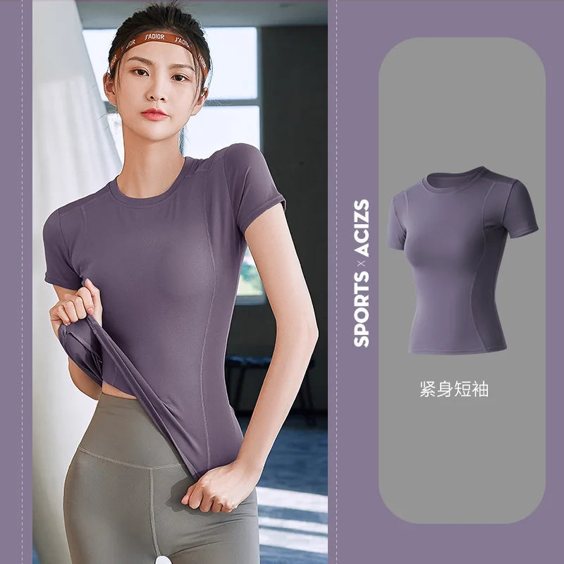 2024 Women's Sports Fitness Clothing Slim Running Sweat Absorbing Skinny Yoga Clothes Quick Drying Clothes Short Sleeved T-shirt Zen fit plus