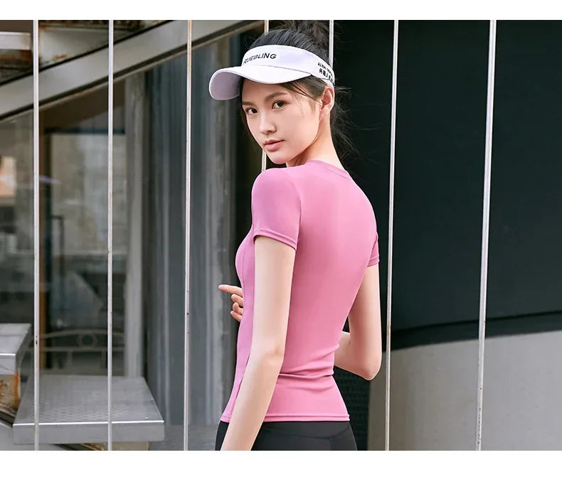 2024 Women's Sports Fitness Clothing Slim Running Sweat Absorbing Skinny Yoga Clothes Quick Drying Clothes Short Sleeved T-shirt - Zen Fit Plus