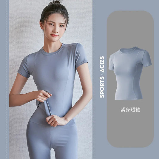 2024 Women's Sports Fitness Clothing Slim Running Sweat Absorbing Skinny Yoga Clothes Quick Drying Clothes Short Sleeved T-shirt Zen fit plus