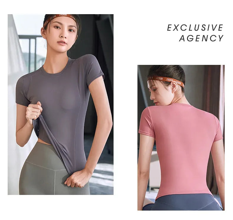 2024 Women's Sports Fitness Clothing Slim Running Sweat Absorbing Skinny Yoga Clothes Quick Drying Clothes Short Sleeved T-shirt - Zen Fit Plus