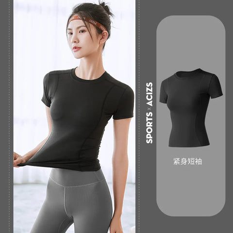 2024 Women's Sports Fitness Clothing Slim Running Sweat Absorbing Skinny Yoga Clothes Quick Drying Clothes Short Sleeved T-shirt Zen fit plus