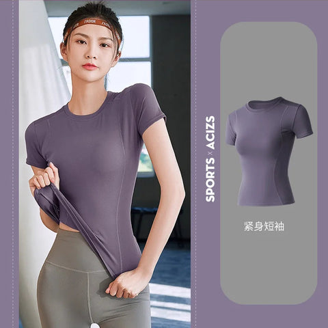 2024 Women's Sports Fitness Clothing Slim Running Sweat Absorbing Skinny Yoga Clothes Quick Drying Clothes Short Sleeved T-shirt Zen fit plus