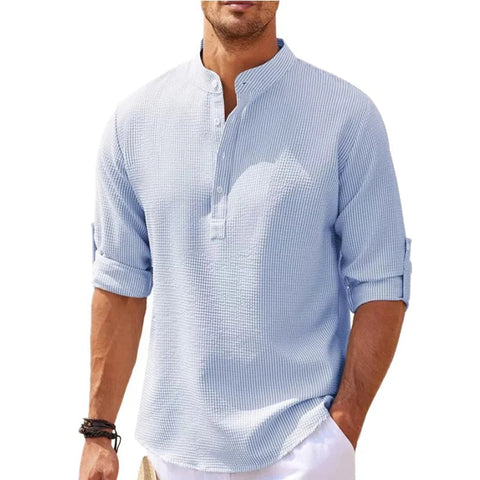 Casual Men's Cotton Blouse – Solid Color Loose Long-Sleeved T-Shirt for Handsome Spring and Autumn Style