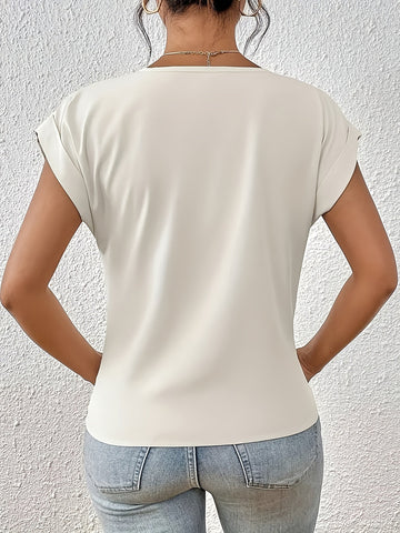 Elegant Beige V-Neck T-Shirt for Women - Lightweight & Breathable with Chic Knot Detail, Short Sleeves - Ideal for Spring/Summer Casual Wear - Polyester Blend, Machine Washable, Everyday Elegant Shirt|Vneck Blouse|Polyester Blend Fabric