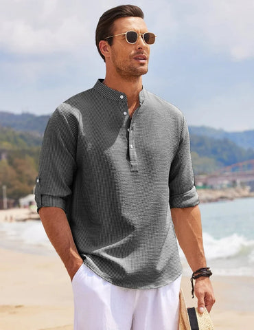 Casual Men's Cotton Blouse – Solid Color Loose Long-Sleeved T-Shirt for Handsome Spring and Autumn Style